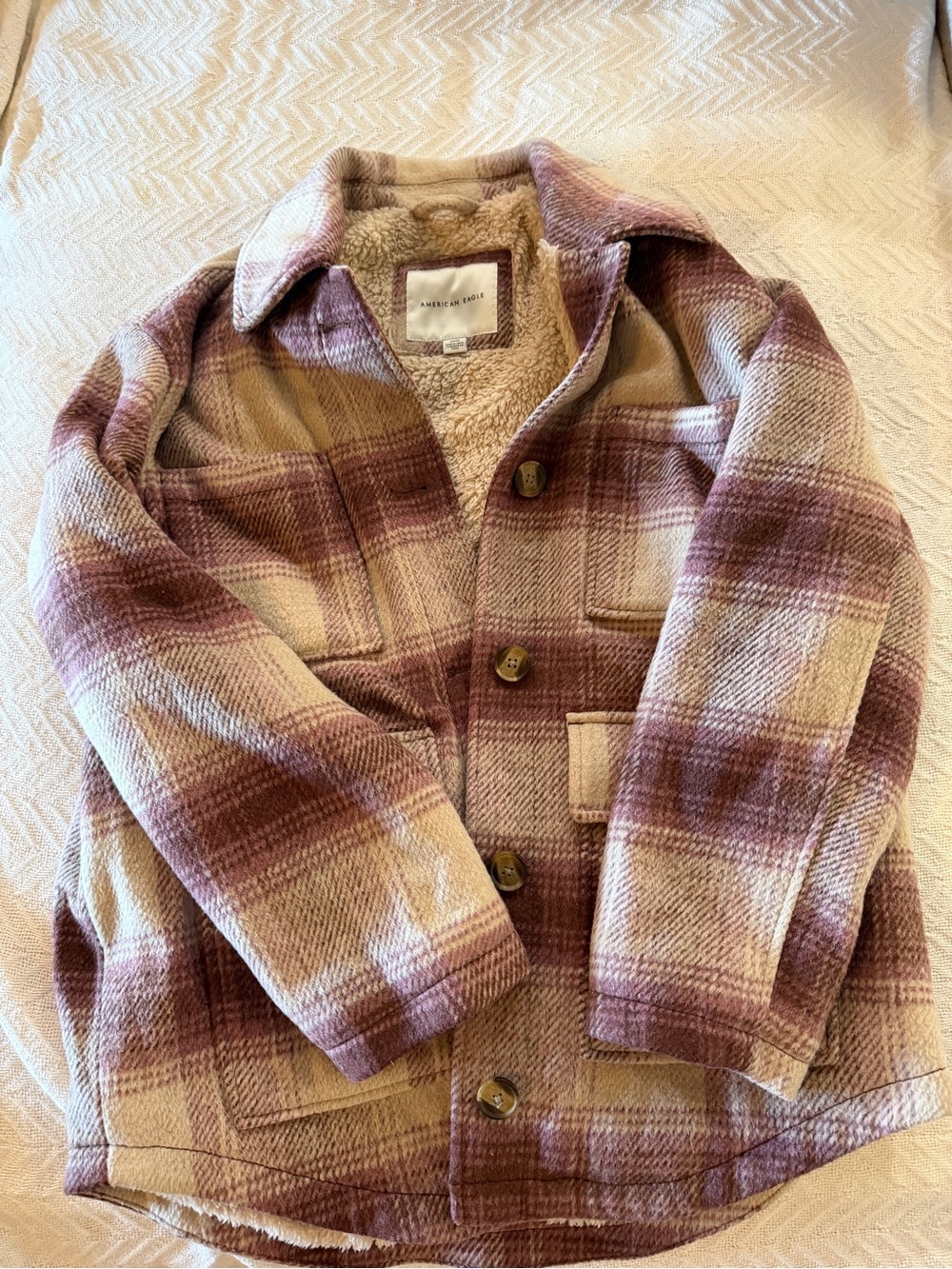 American Eagle Outfitters Plaid Teddy-Lined Jacket - Mauve & Cream